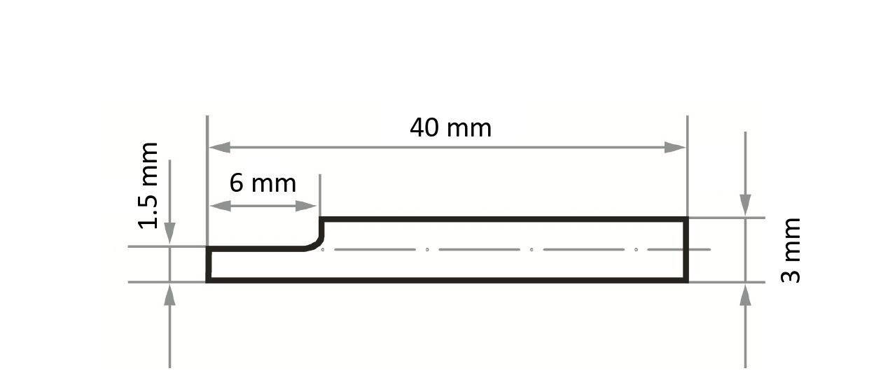 'Technische Zeichnung eines gestuften Bauteils.' Zeigt eine Seitenansicht mit Maßangaben: 40 mm Gesamtlänge, 6 mm Stufenlänge, 3 mm Höhe, 1,5 mm Stufenhöhe.