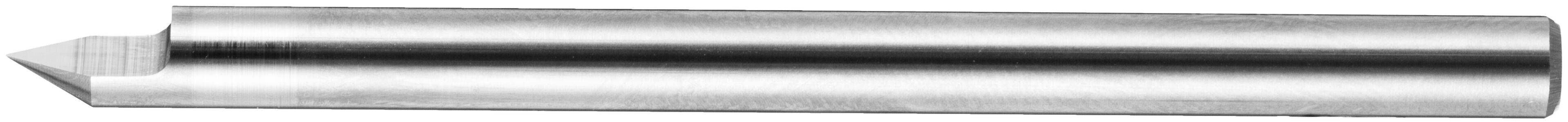 Eine zylindrische Metallstange mit einer spitzen Spitze, möglicherweise ein Werkzeug oder eine Komponente, horizontal auf einem einfarbigen Hintergrund präsentiert.