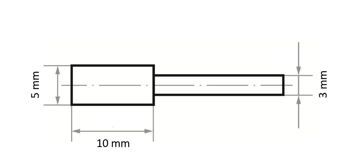Technische Zeichnung eines zylindrischen Objekts mit rechteckiger Grundfläche. Grundfläche misst 10 mm x 5 mm; Zylinder misst 3 mm im Durchmesser.