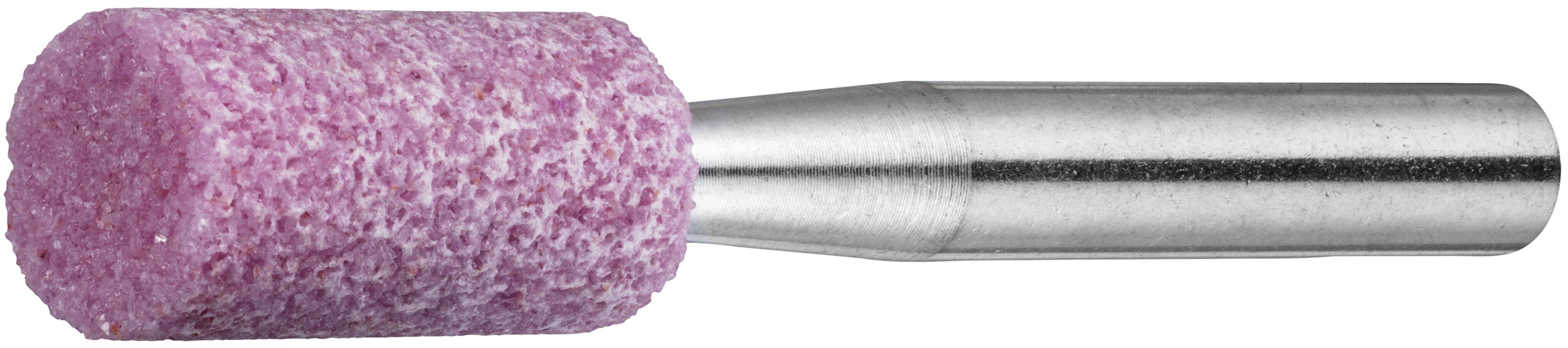 Ein zylindrischer rosa Schleifstein, der an einem Metallschaft befestigt ist und zum Schärfen und Formen in der Metall- oder Holzbearbeitung verwendet wird.