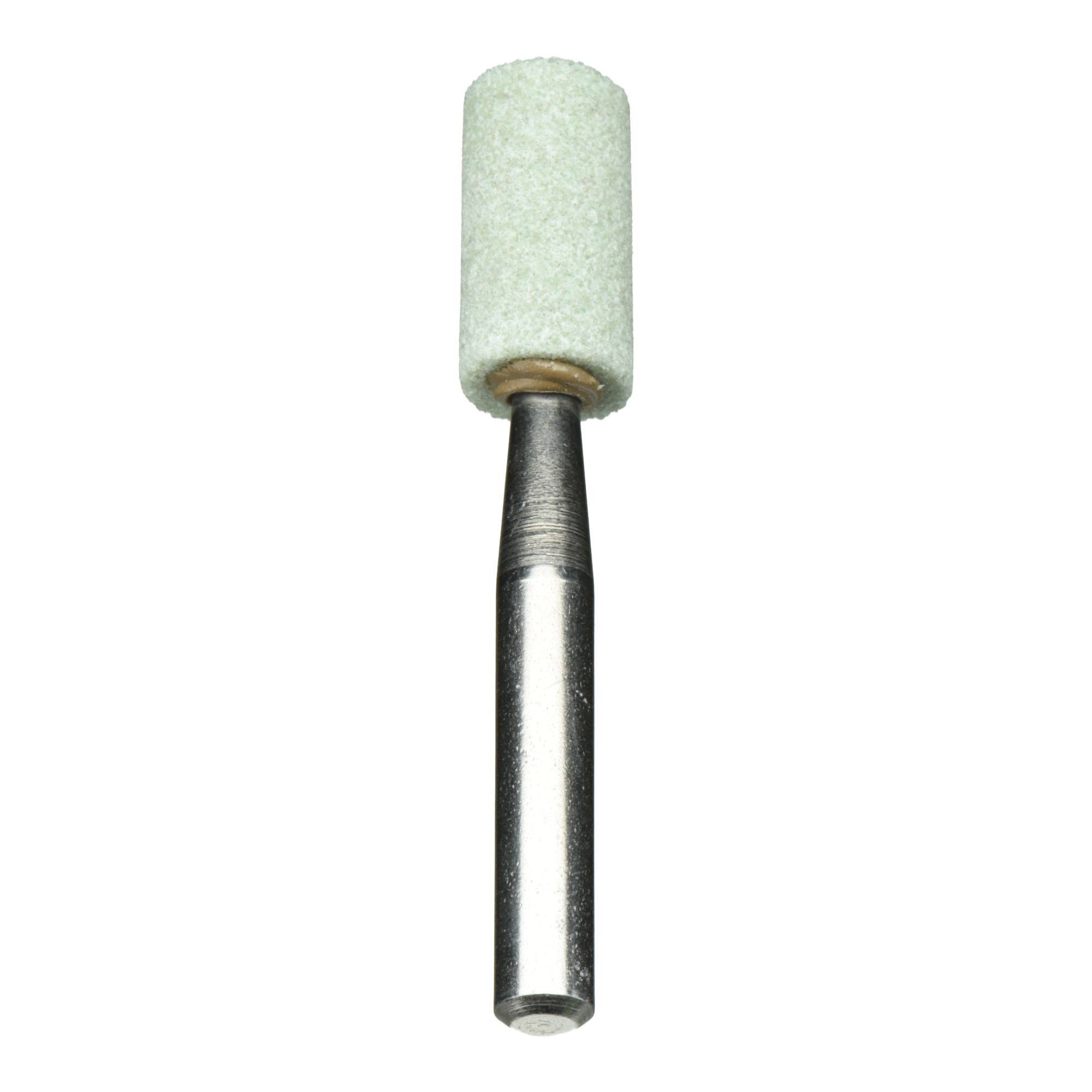 Ein zylindrischer Schleifwerkzeug mit einem Metallschaft und einem weißen Schleifkopf, der zum Glätten oder Formen von Materialien verwendet wird.