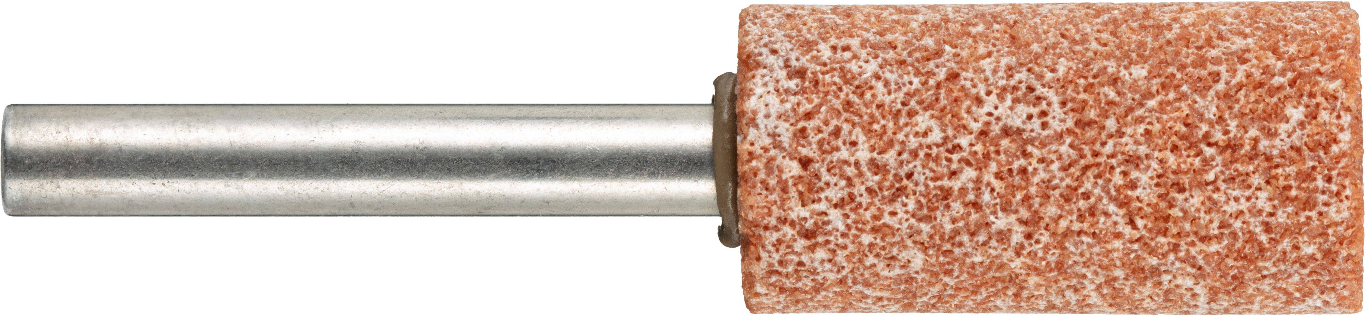 Ein zylindrischer Schleifstein mit Metallschaft, der zum Glätten oder Formen von Materialien verwendet wird, isoliert auf weißem Hintergrund.