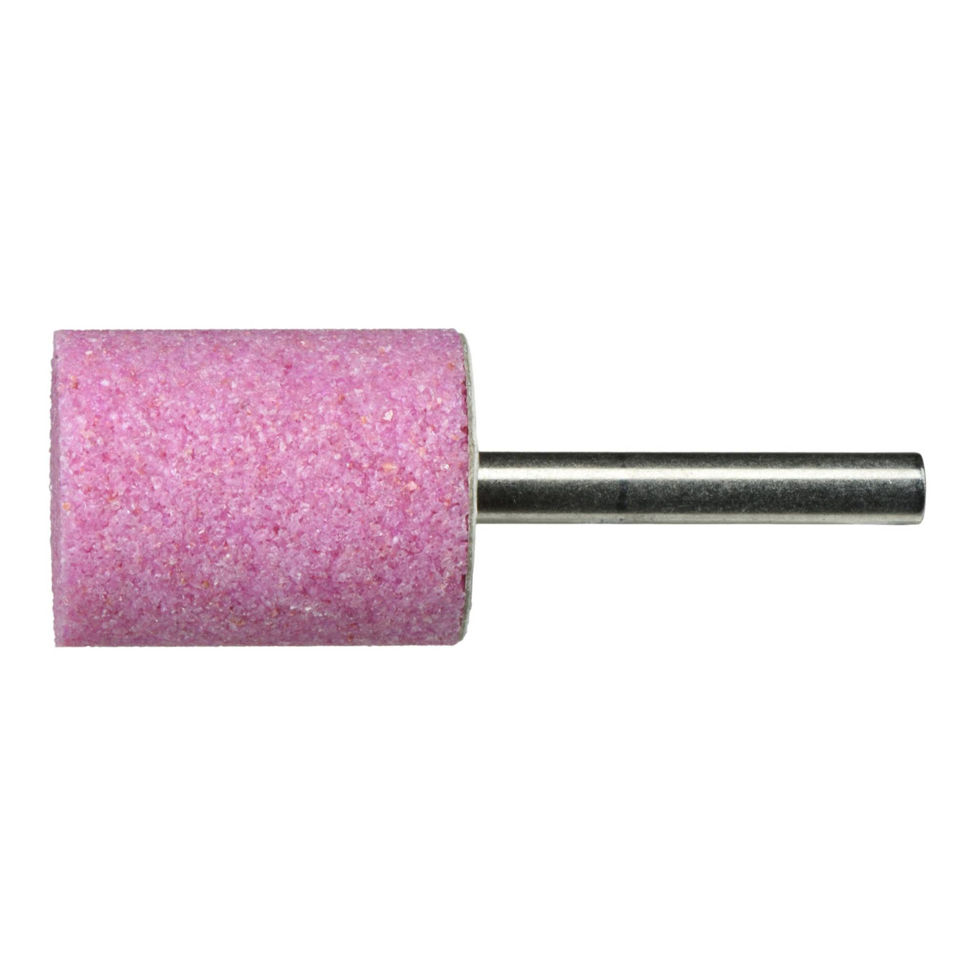 Ein zylindrischer rosa Schleifstein mit Metallschaft, der zum Schärfen oder Schleifen in verschiedenen Anwendungsbereichen eingesetzt wird.