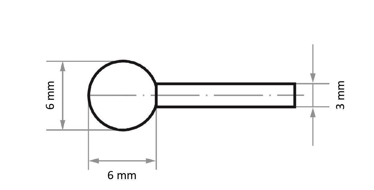 Eine technische Zeichnung eines stiftförmigen Objekts mit einem kreisrunden Kopf von 6 mm Durchmesser und einem Schaft, der 6 mm lang und 3 mm dick ist.