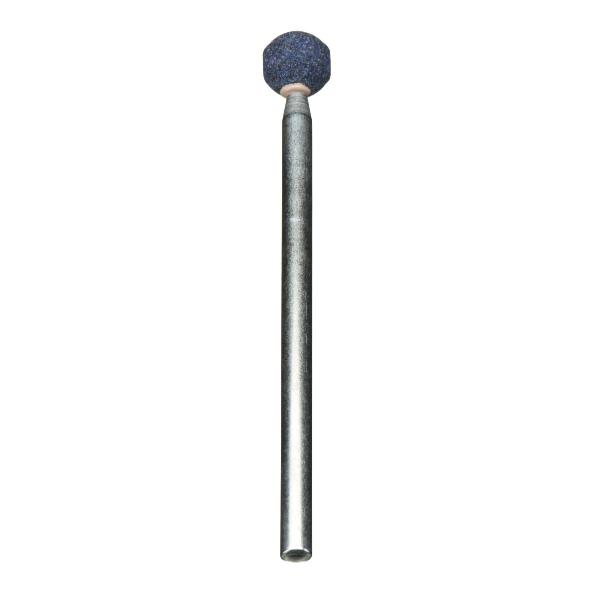 Metallstab mit einer dunkelblauen, runden Schleifspitze zur Bearbeitung oder Politur von Oberflächen.