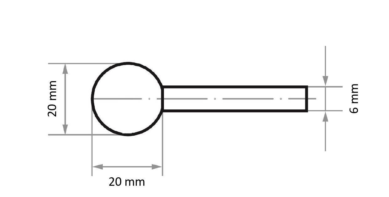 Technische Zeichnung eines zylindrischen Objekts mit kreisförmiger Oberfläche. Die Oberfläche misst 20 mm im Durchmesser, und der Schaft ist 6 mm dick und 20 mm lang.