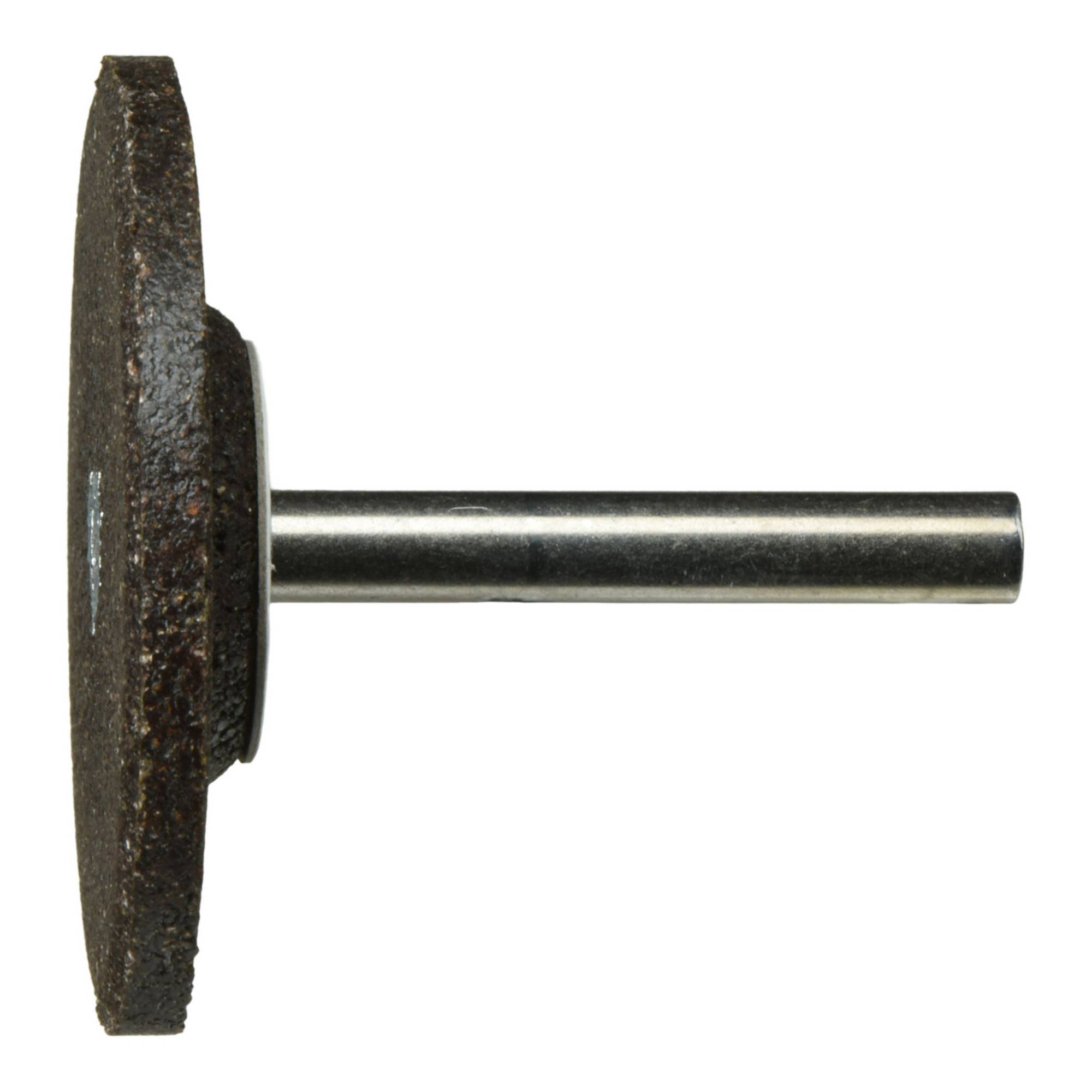 Ein rundes Schleifrad mit einer Metallachse, Seitenansicht, das seine Schleifoberfläche und Zylinderanbindungspunkt zeigt, verwendet zum Polieren oder Schneiden.