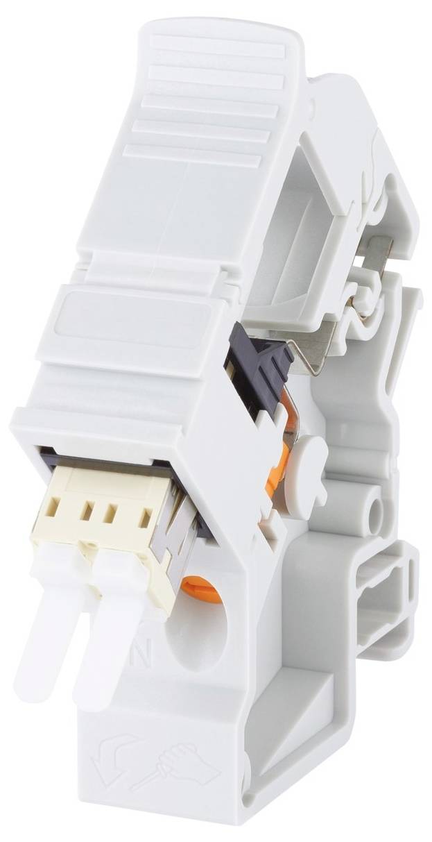 Eine Nahaufnahme eines weißen elektrischen Steckklemmenblocks, die die Anschlusspunkte und den Verriegelungsmechanismus im Detail zeigt.