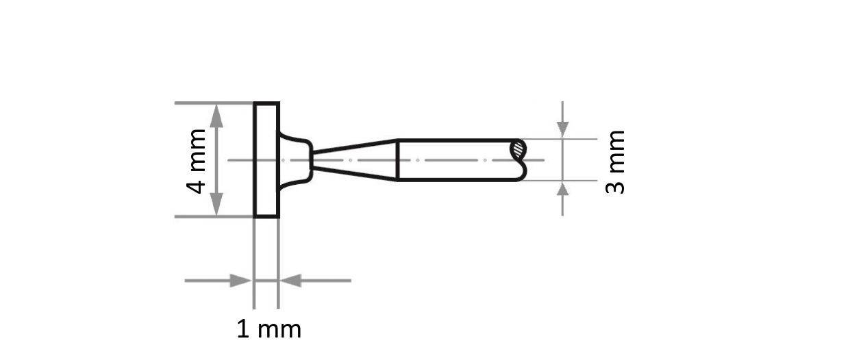 Querschnittsdiagramm eines zylindrischen Objekts mit Maßen: 4 mm Höhe, 1 mm Basisdurchmesser und 3 mm Breite an der Spitze.