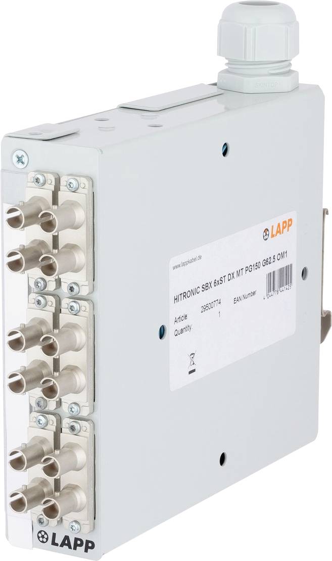Grauer industrieller Schaltmodul von Lapp mit mehreren Anschlussports an der Seite und einem zentralen Etikett mit Spezifikationen.