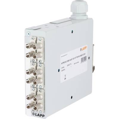Ein rechteckiges elektronisches Gerät mit mehreren Koaxialkabelanschlüssen an der Seite, gekennzeichnet mit 'LAPP HITRONIC SBX 6xST DX MT POF'.