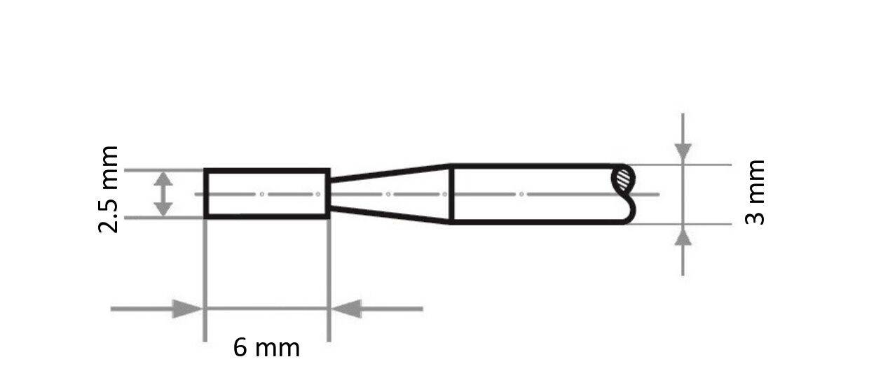Technische Zeichnung eines konischen zylindrischen Bauteils, Hauptabmessungen: 2,5 mm Durchmesser, 6 mm Länge an einer Seite, sich verjüngend auf 3 mm.