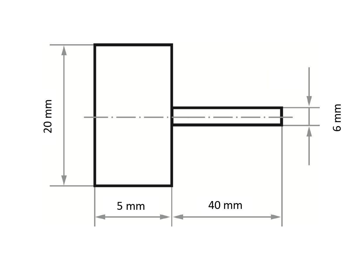 Eine technische Zeichnung mit einem vertikalen Abschnitt von 20 mm Höhe und 5 mm Breite, der an einen horizontalen Abschnitt von 40 mm Länge und 6 mm Breite angeschlossen ist.