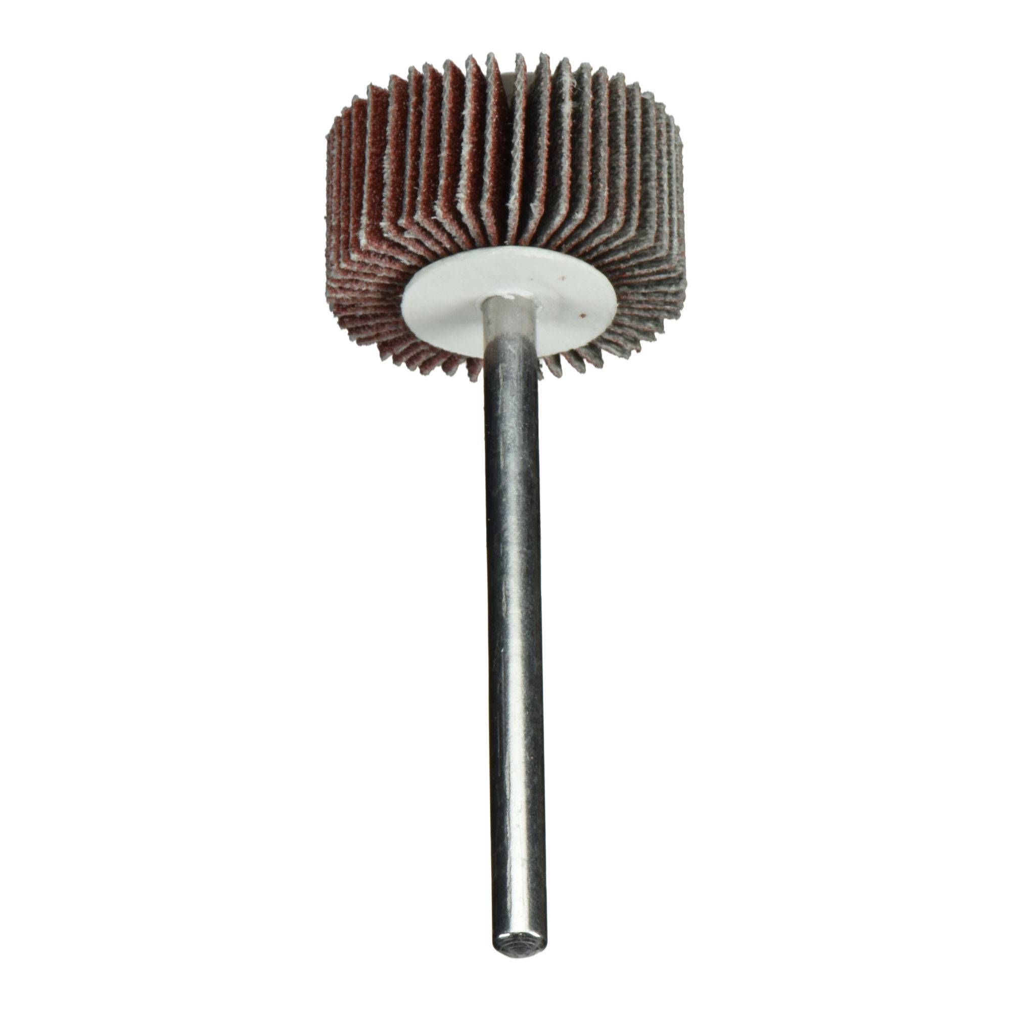 Ein rotierendes Schleiflamellenschleifrad mit einem Metallschaft, das zum Schleifen oder Polieren von Oberflächen verwendet wird und seine geschichteten Schleifpapierblätter zeigt.