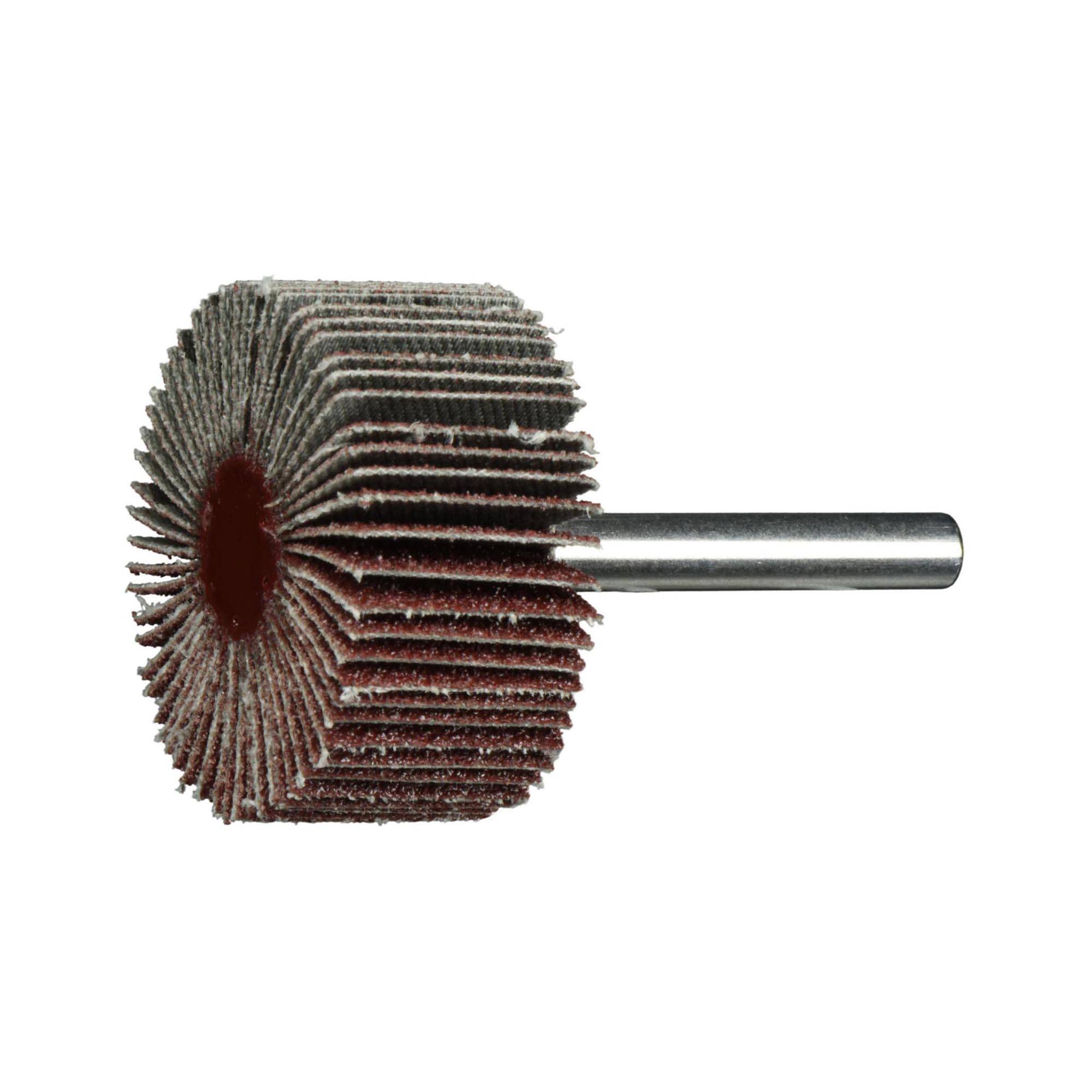 Ein zylindrischer Lamellenschleifaufsatz mit Metallschaft. Er verfügt über mehrere Schleiflamellen, die radial angeordnet sind, zum Schleifen oder Polieren.