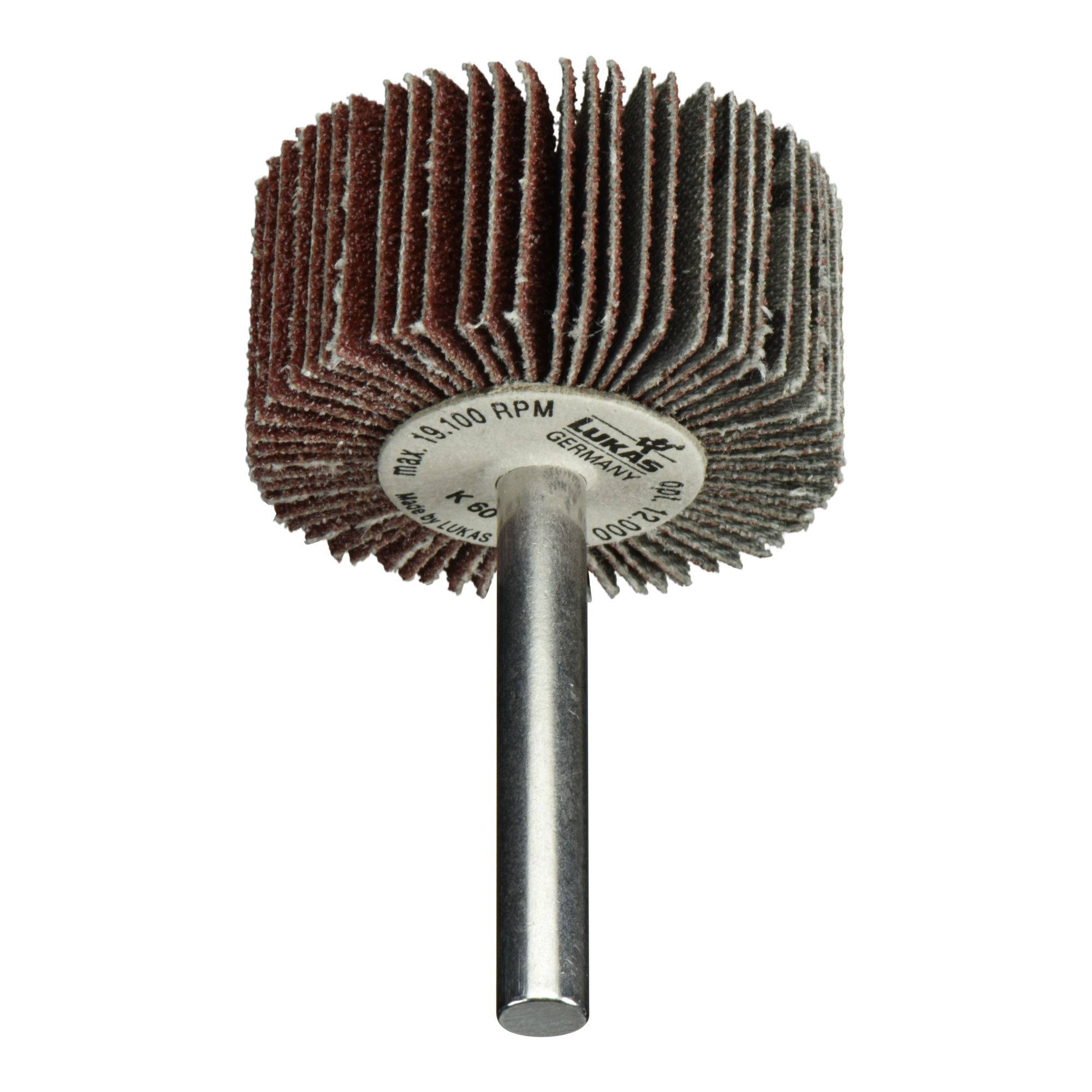 Schleiflamellenscheibe mit Metallschaft, beschriftet mit "80 x 50, 19000 U/min, Max". Verwendet zum Schleifen und Polieren von Oberflächen.