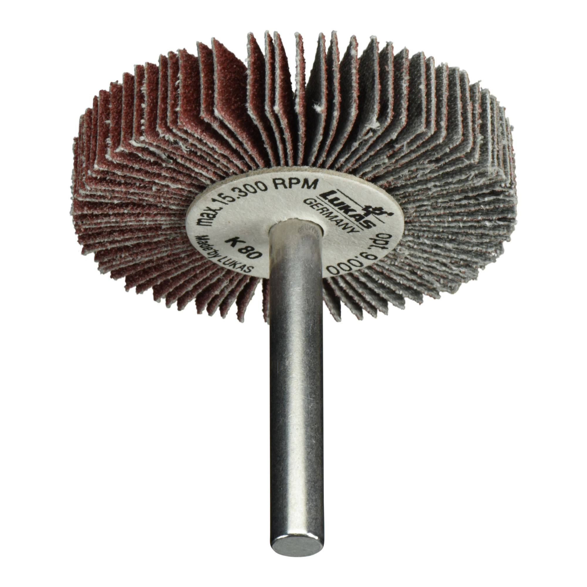 Lamellenschleifscheibe, ein Schleifwerkzeug mit einer zentralen Metallstange, verwendet zum Schleifen oder Finish von Oberflächen. Mit Spezifikationen beschriftet und in Deutschland hergestellt.
