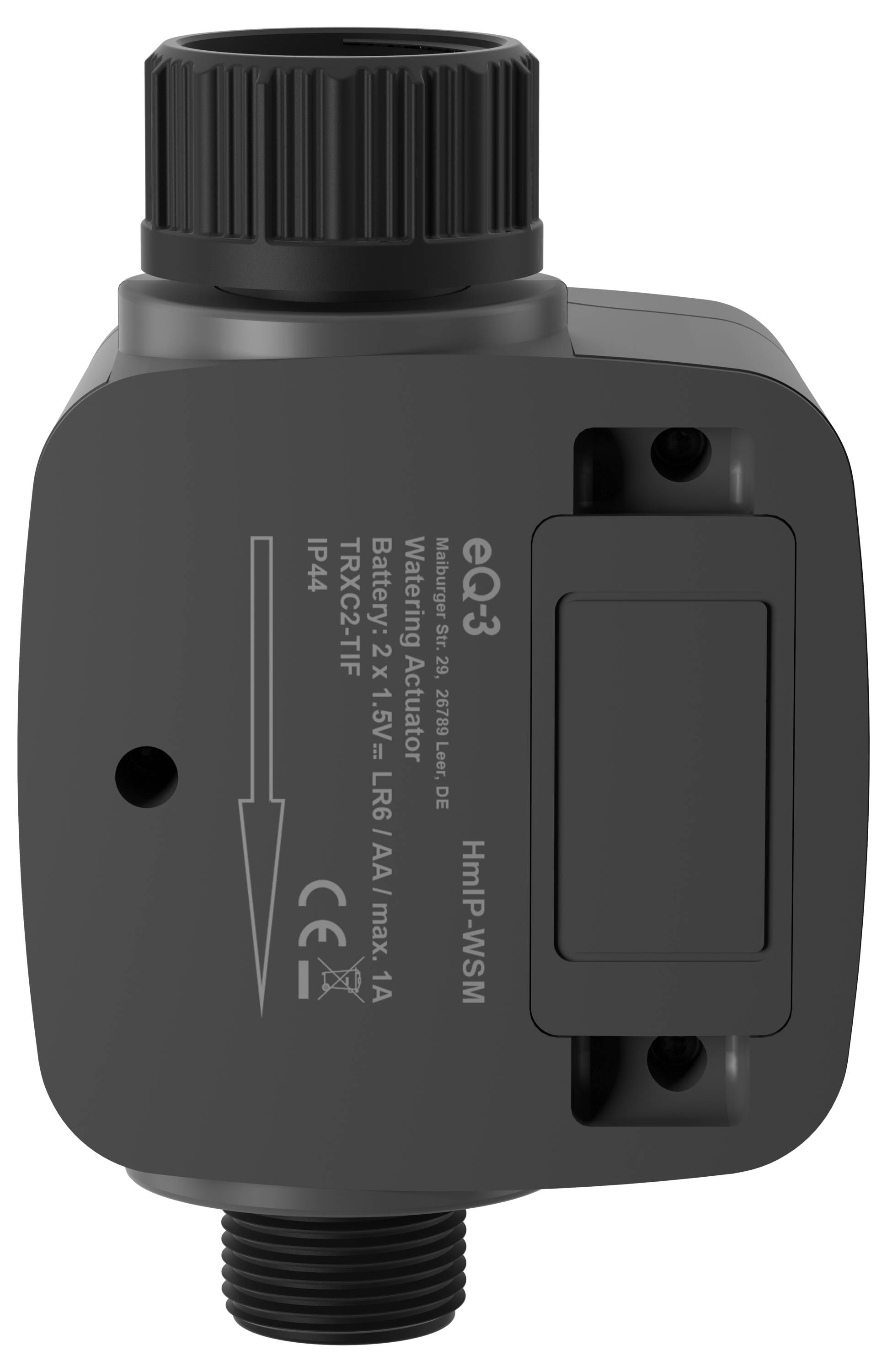 Ein schwarzer Bewässerungsauslöser mit einem zylindrischen Oberteil und einem rechteckigen Frontpanel, versehen mit Etiketten zur Anzeige der Bluetooth-Konnektivität und der IP44-Schutzklasse.