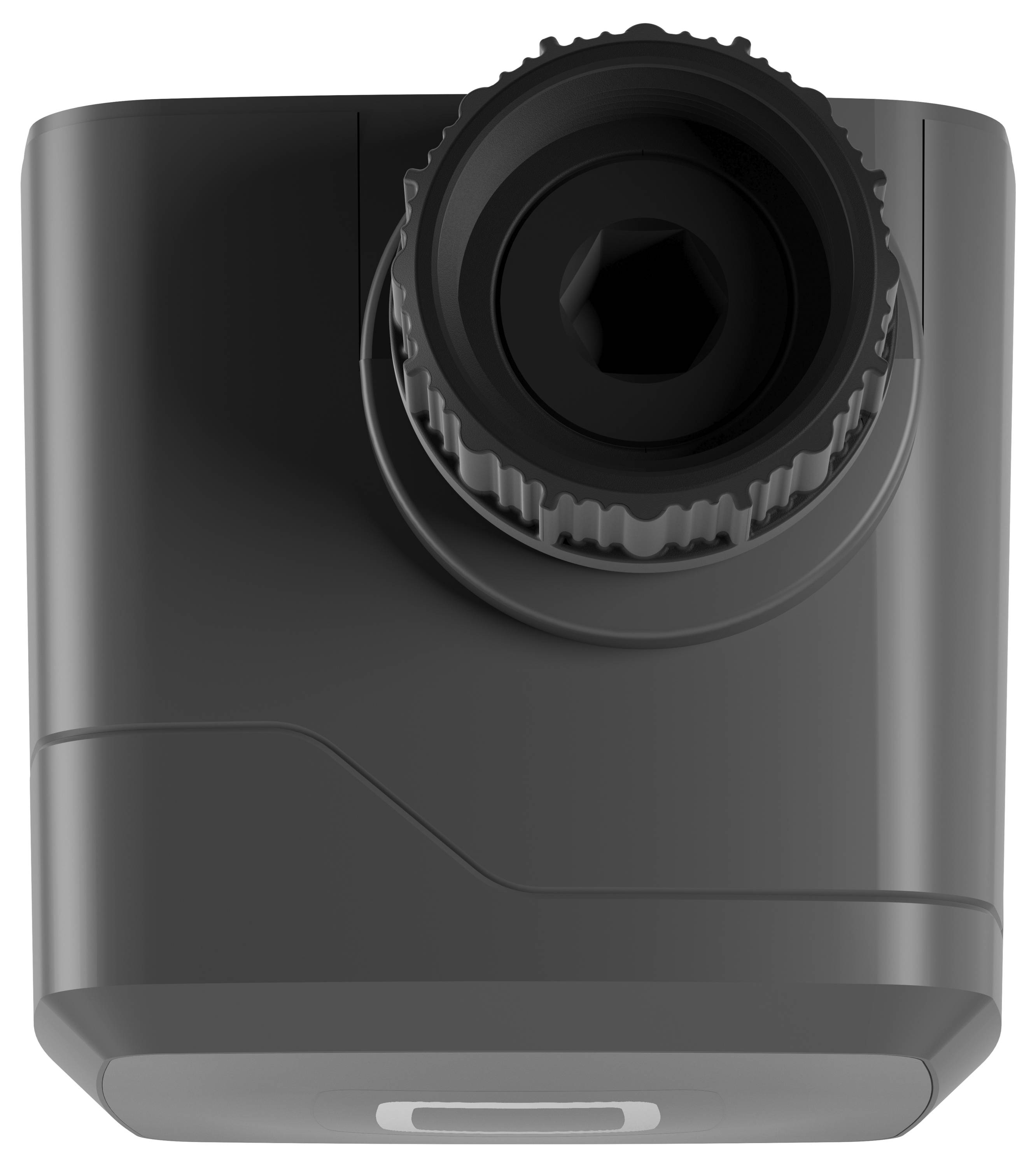 Eine schlanke, kompakte schwarze Kamera mit einer markanten, verstellbaren Linse in Frontausrichtung, konzipiert für hochwertige Bild- und Videoaufnahmen.