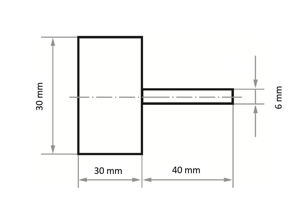 Technische Zeichnung eines T-förmigen Objekts. Der vertikale Teil misst 30x30 mm, der horizontale Teil 40x6 mm. Gestrichelte Linien zeigen die Mittellinie an.