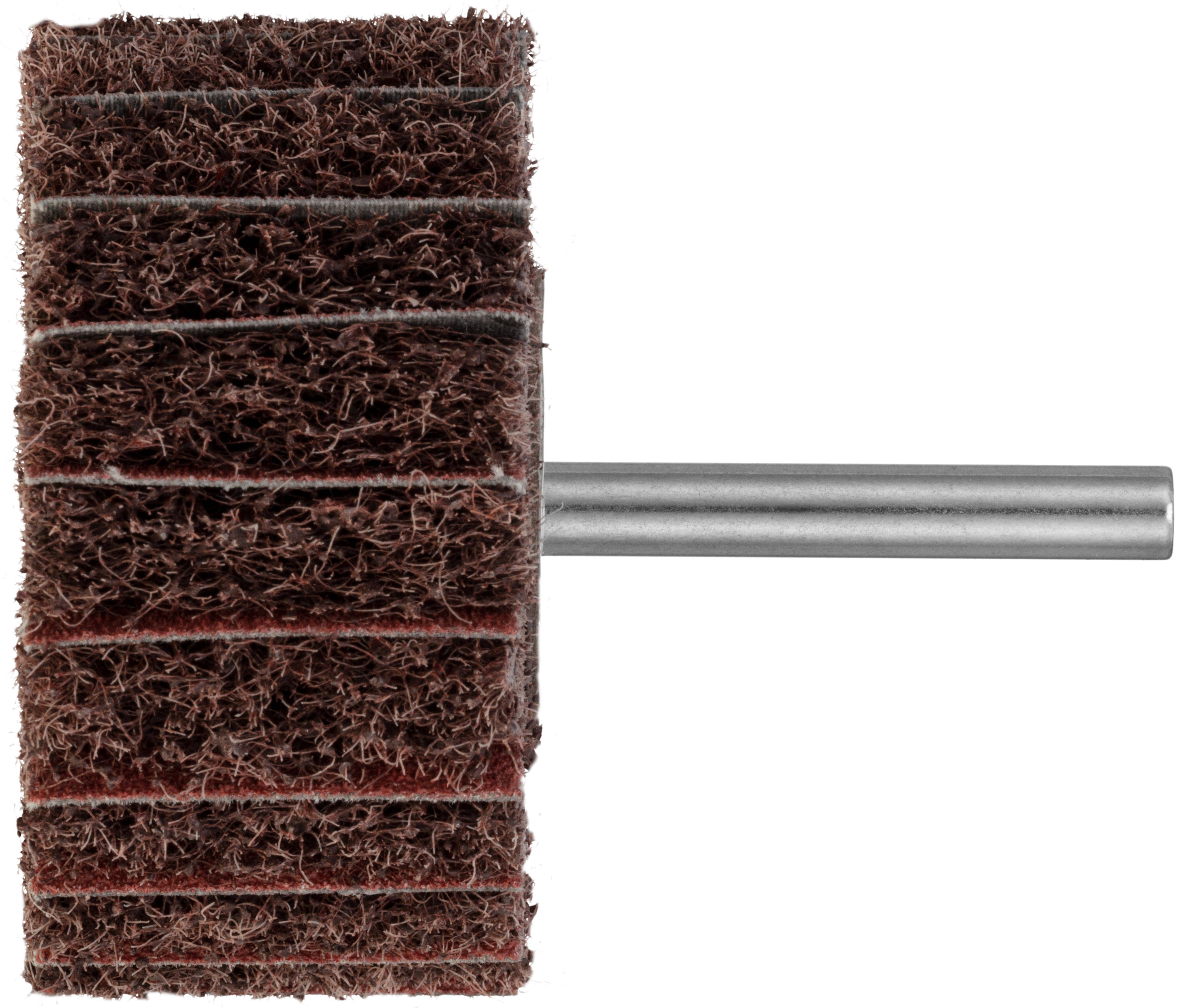 Ein zylindrischer Lamellenschleifmops mit einem Metallschaft, konzipiert für Oberflächenbearbeitung oder Politur, mit mehreren Schichten brauner Schleifkörner.