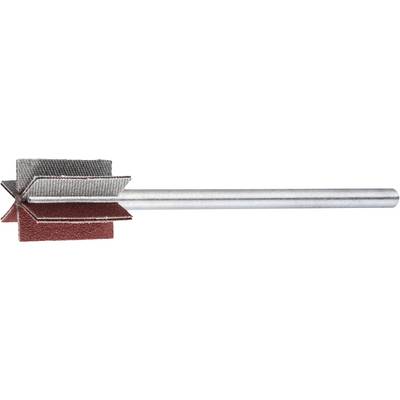 Eine silberne Metalldrehwerkzeug mit geschichteten Schleifpapieraufsätzen am Ende, zum Schleifen oder Polieren von Oberflächen.