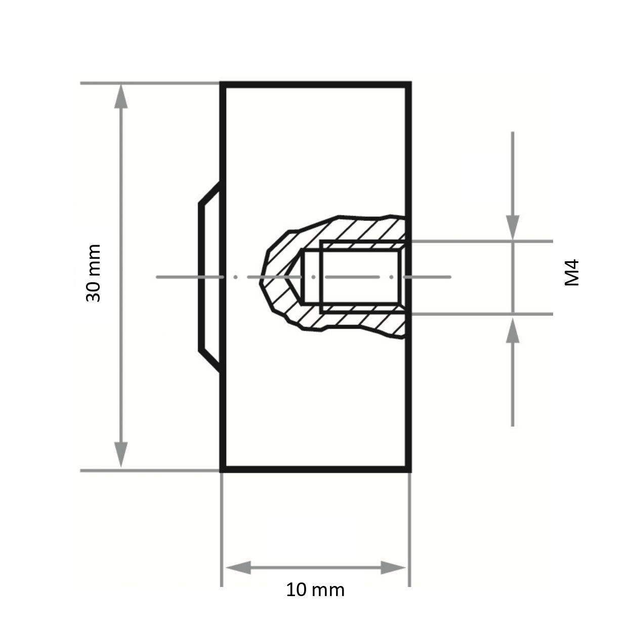 Technische Zeichnung eines mechanischen Bauteils mit folgenden Abmessungen: 30 mm Höhe, 10 mm Breite, mit M4 Gewindeabschnitt.