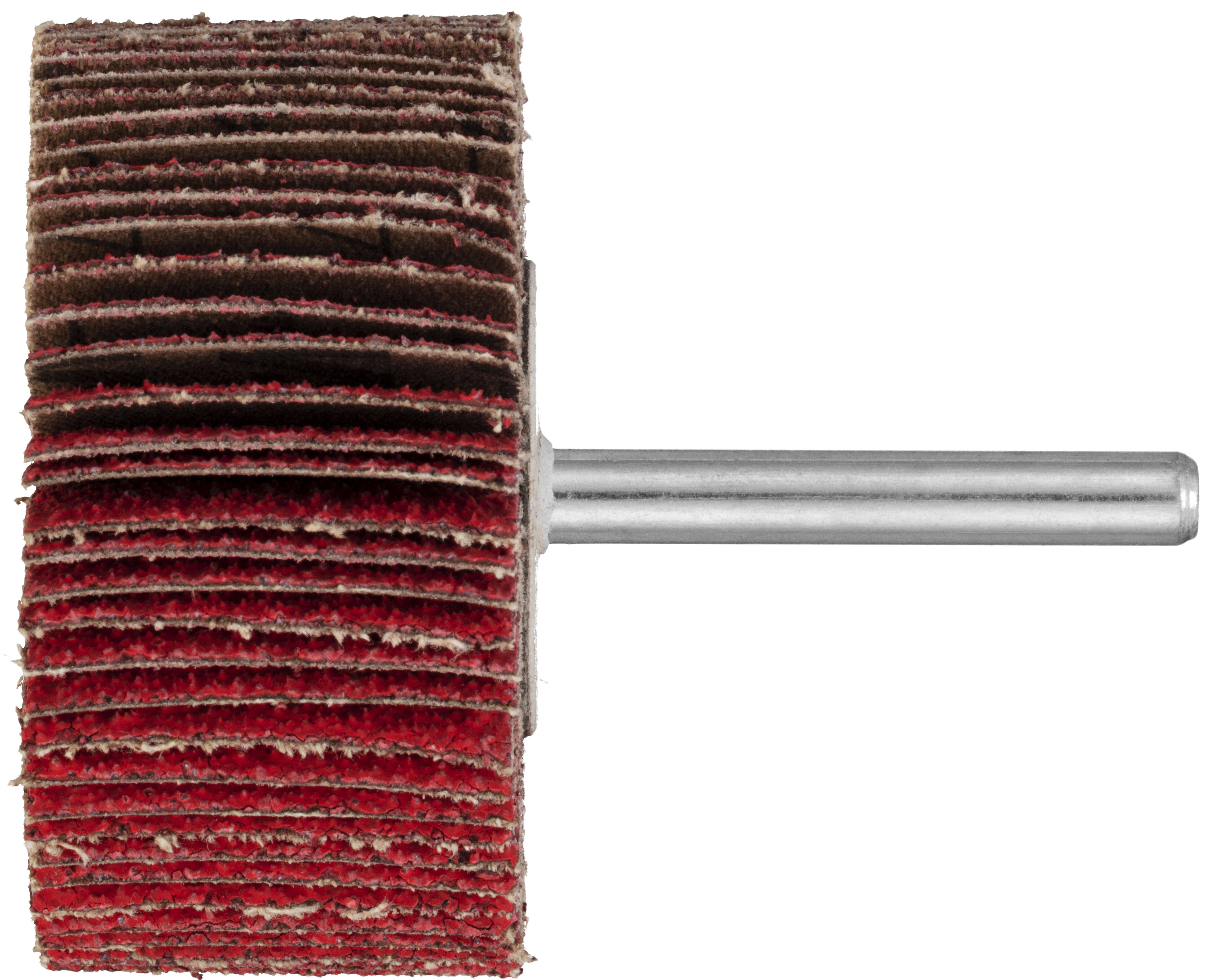 Ein zylindrischer Schleiflamellenfächer mit Metallschaft, der zum Schleifen und Glätten von Oberflächen verwendet wird.