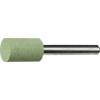 Ein zylindrischer Schleifwerkzeug mit einem grünen Schleifkopf und einem Metallschaft, verwendet zum Polieren oder Glätten von Oberflächen.