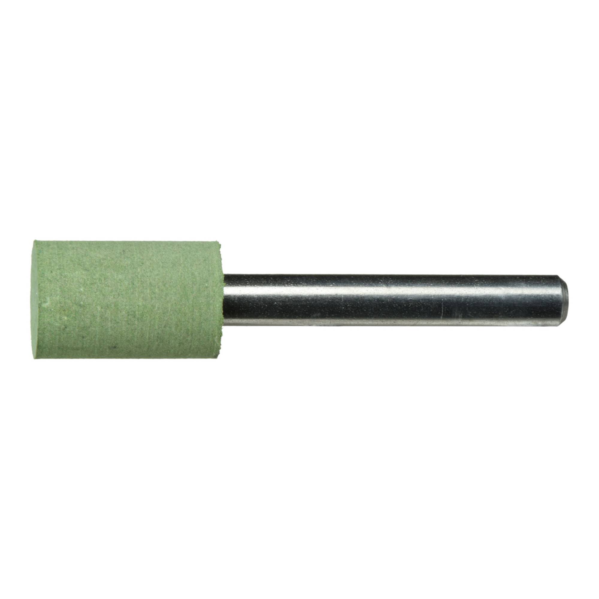 Ein grüner zylindrischer Schleifstein mit einem Metallschaft, der zum Schleifen und Formen verschiedener Materialien verwendet wird.