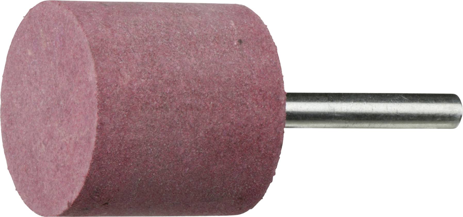 Ein zylindrischer rosa Schleifstein, der an einer Metallachse befestigt ist und zum Polieren oder Formen von Materialien verwendet wird.