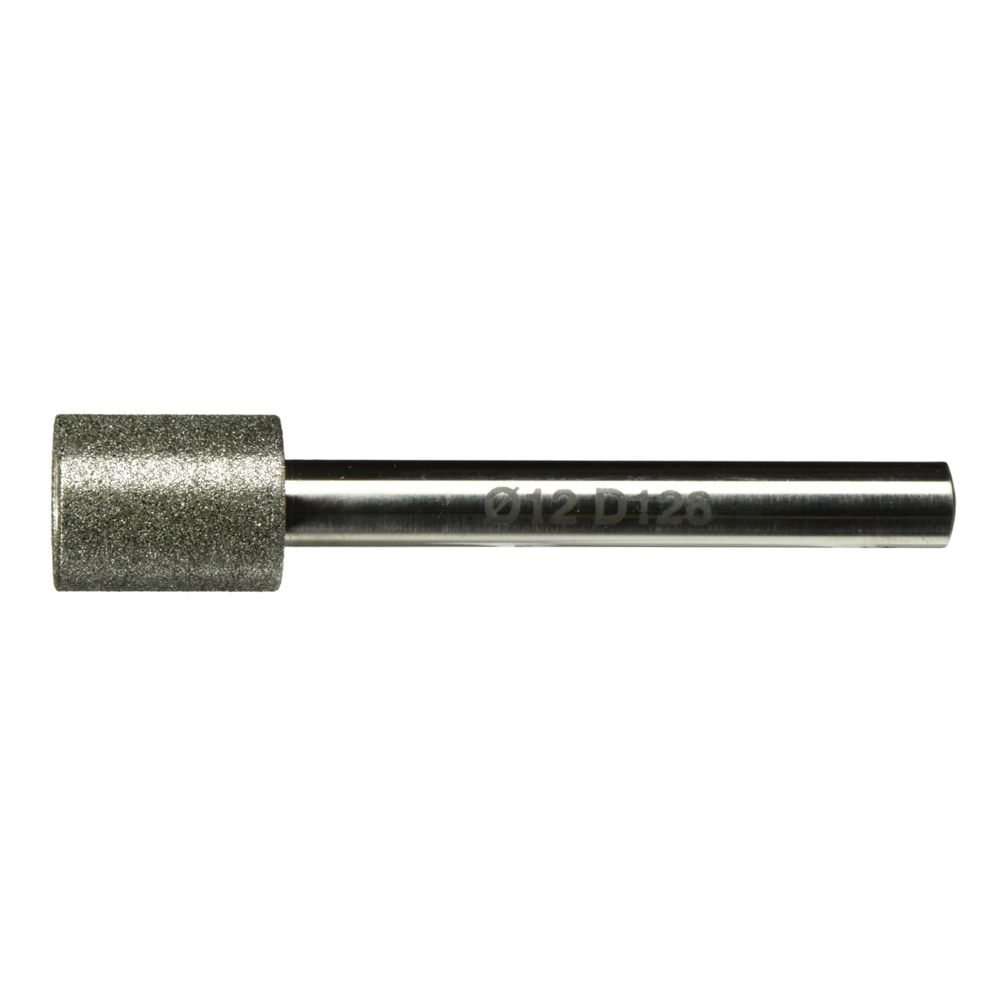 Ein zylindrischer Metallschleifwerkzeug mit einem rauen, strukturierten Kopf, der an einem glatten Griff befestigt ist. Auf dem Griff eingraviert: 'ø12 D126'.