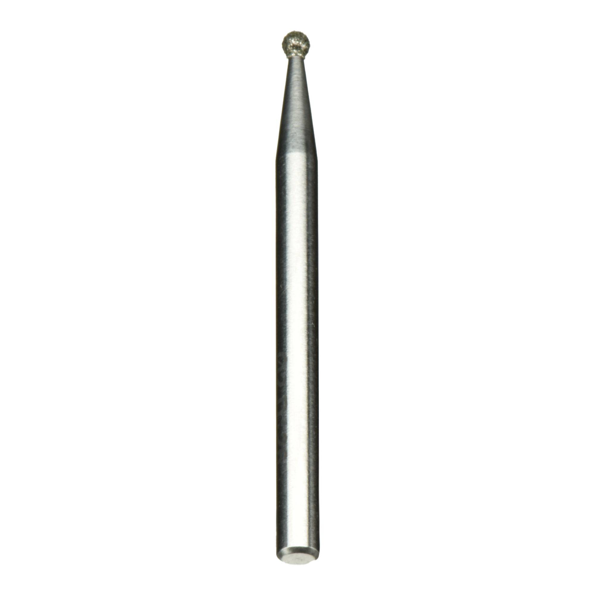 Eine kleine diamantbeschichtete Fräse mit sphärischer Spitze und zylindrischem Griff, die zum präzisen Bohren oder Formen von Materialien wie Keramik verwendet wird.