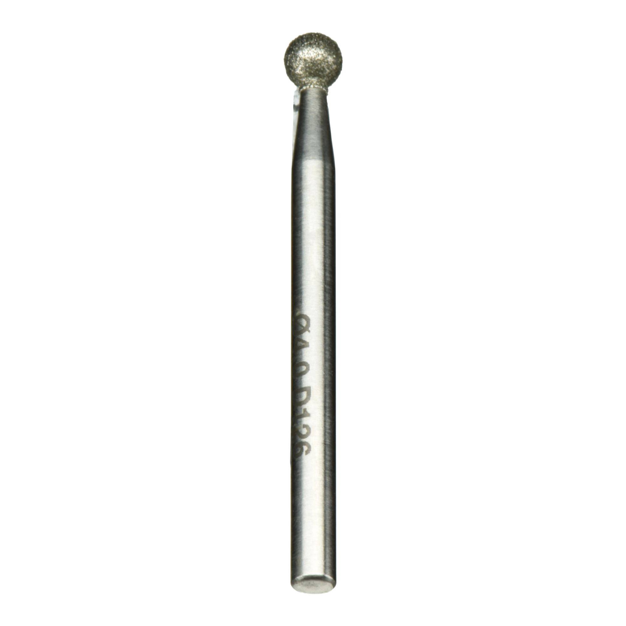 Eine zylindrische Metalldentalbohrer mit einem kleinen sphärischen Kopf, der für Präzisionsarbeiten konzipiert ist.