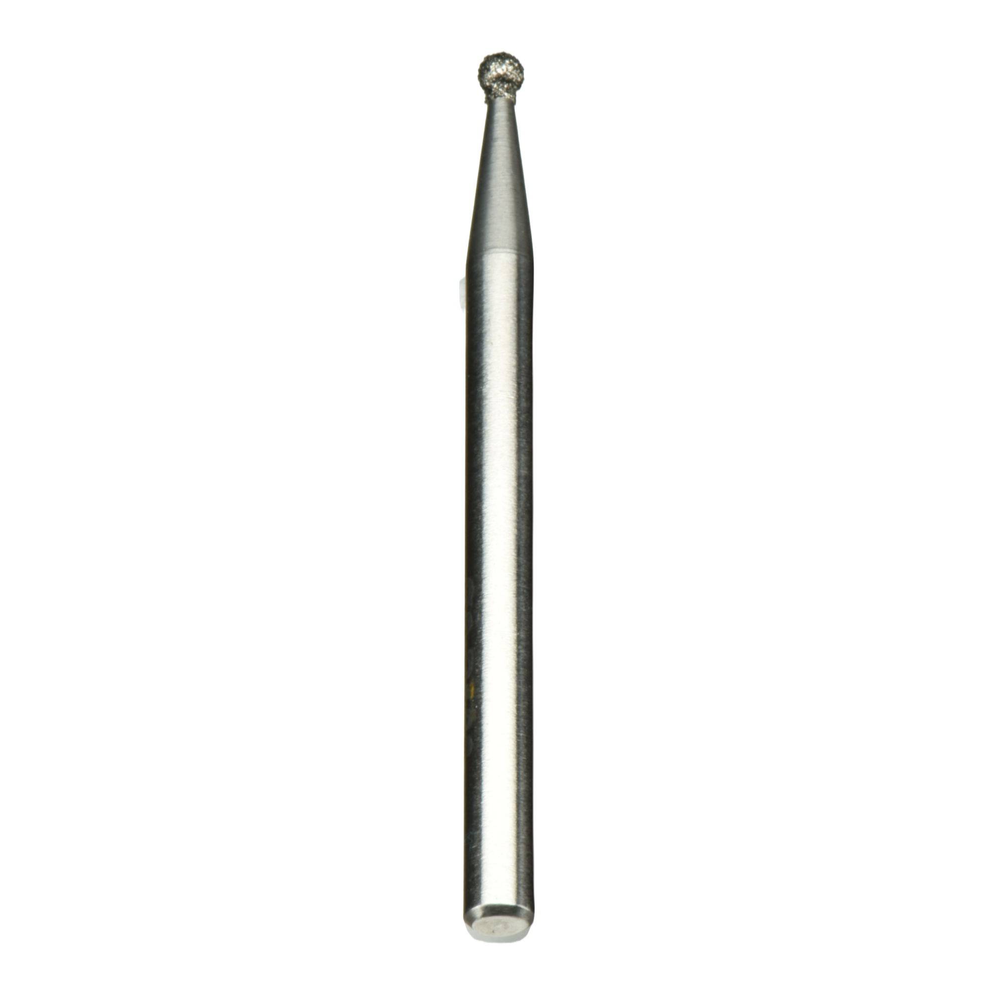 Ein Metall-Zahnarztbohrer mit einer sphärischen, diamantbeschichteten Spitze, der für präzises Schneiden und Formen bei zahnmedizinischen Behandlungen verwendet wird.