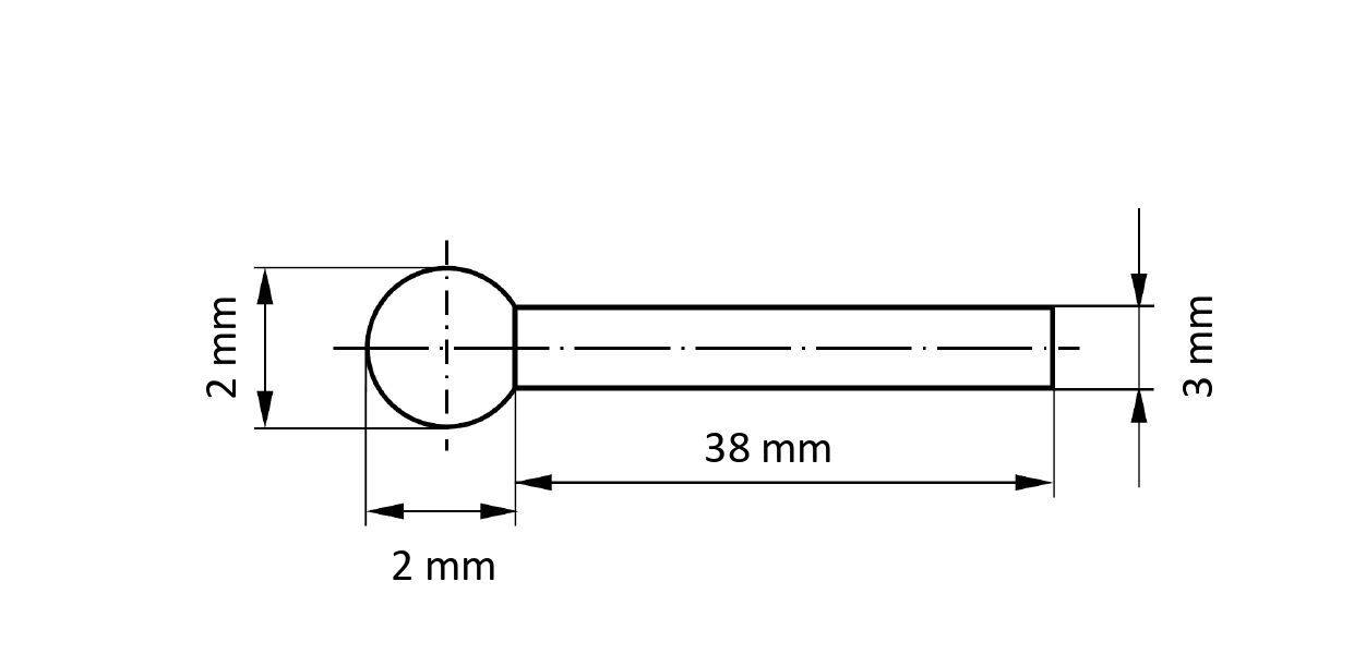 Skizze eines zylindrischen Pins mit Abmessungen: Gesamtlänge 38 mm, Schaftdurchmesser 3 mm, Kopfdurchmesser 2 mm, Kopflänge 2 mm.