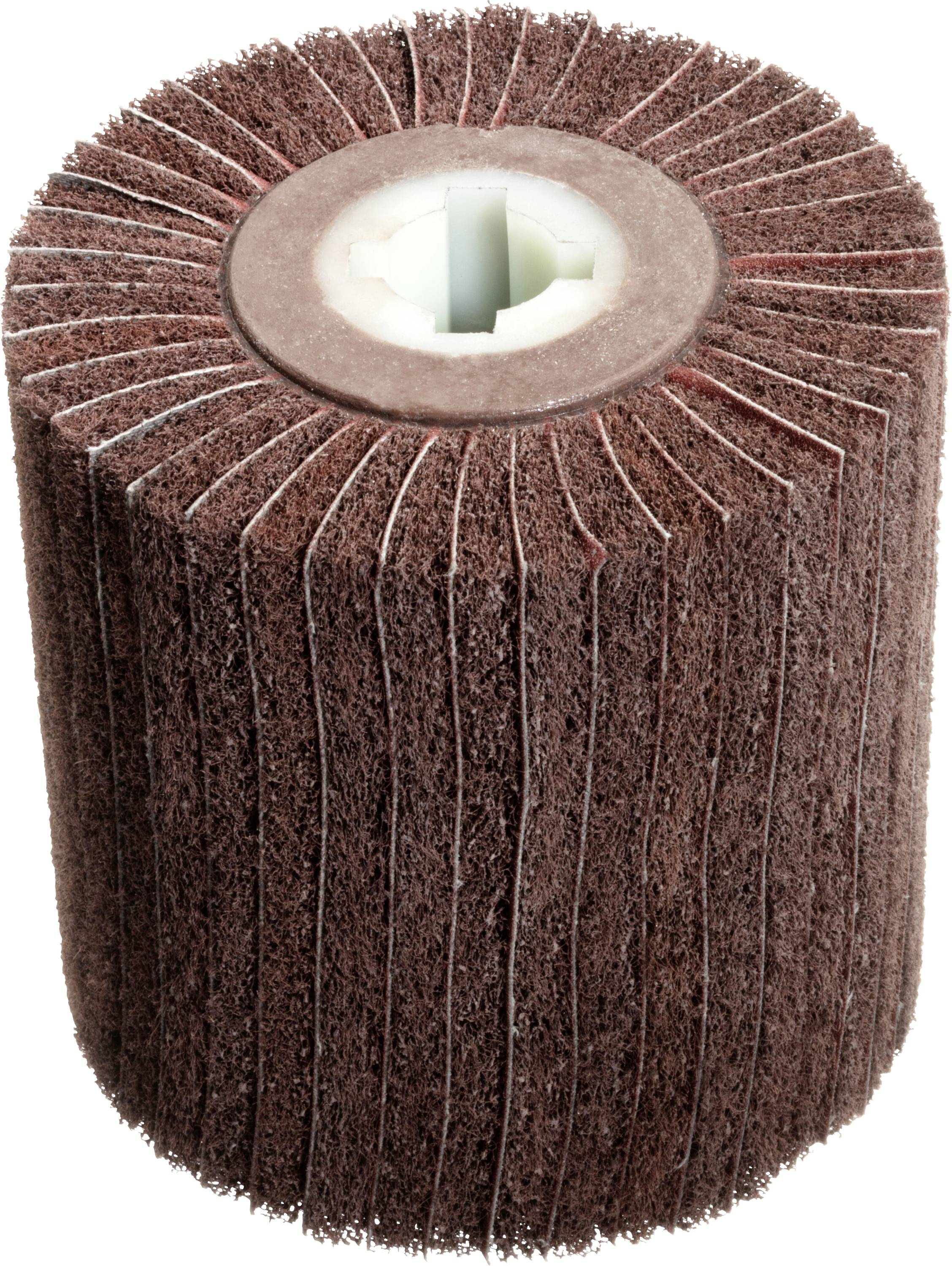 Braunes Schleiflamellenschleifrad mit zylindrischer Form und Kunststoffkern, verwendet zum Schleifen und Finish von Oberflächen.
