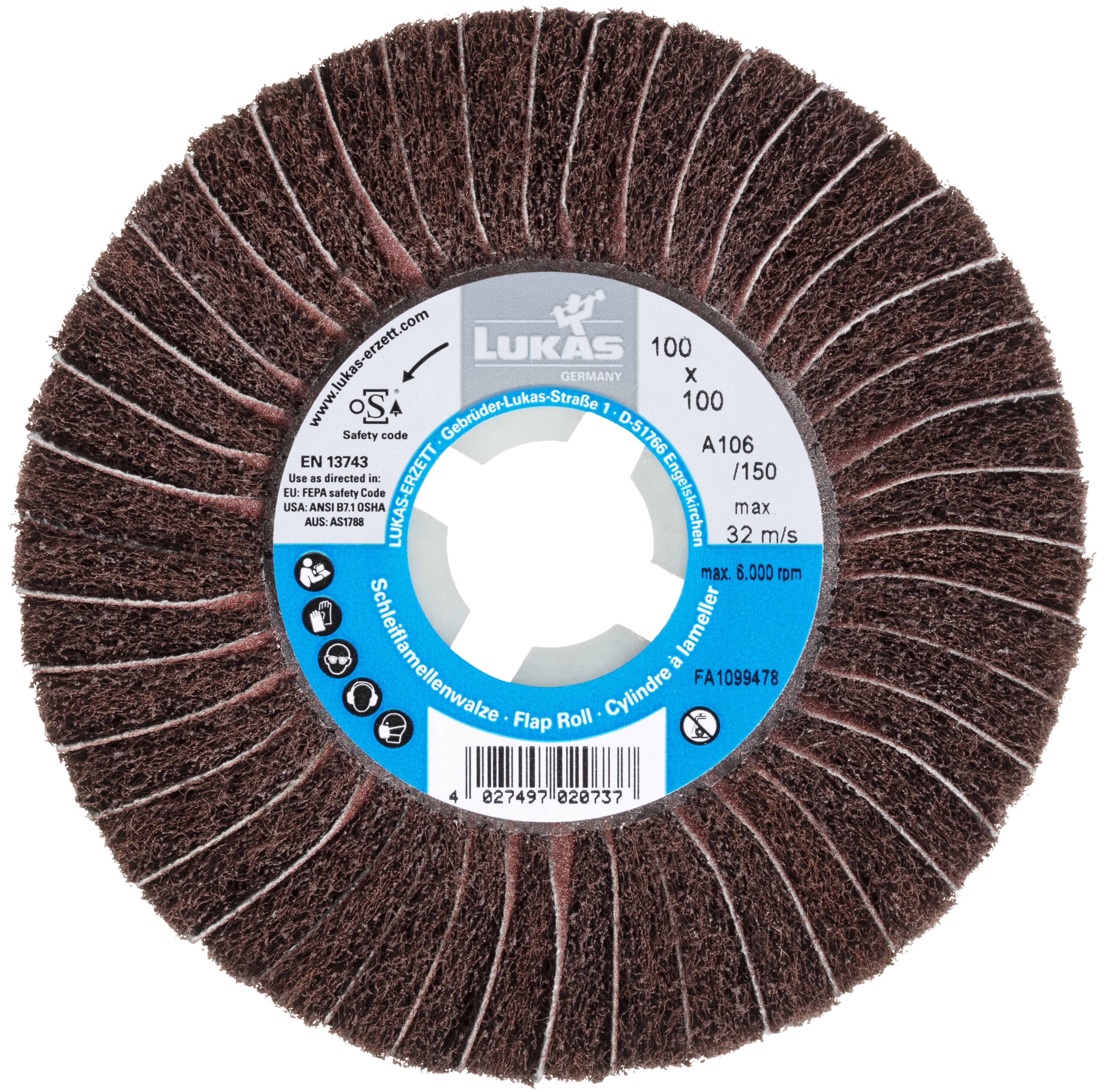 Ein rundes, abrasives Lamellenschleifrad mit der Bezeichnung 'Lukas'. Es misst 100 x 100 mm, hat eine maximale Geschwindigkeit von 32 m/s und eine Korngröße A106.