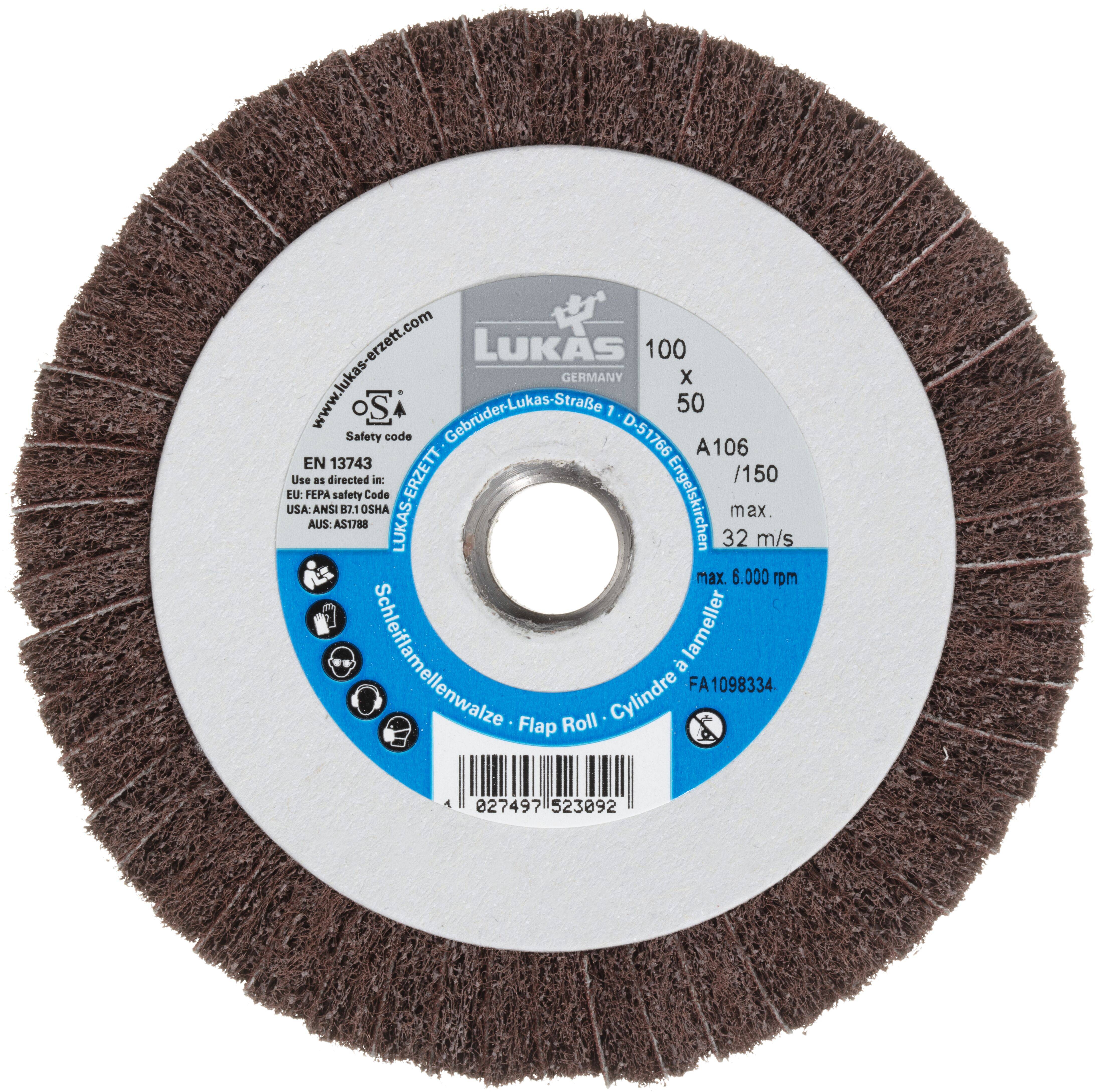 Ein brauner zylindrischer Lamellenschleifdisc der Marke 'Lukas' mit Spezifikationen einschließlich Größe 100 x 50 mm, Körnung 150, maximale Drehzahl 32 m/s, zum Schleifen und Polieren.