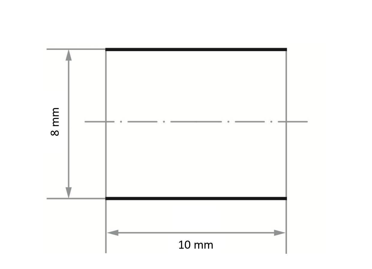Rechteck mit einer Breite von 10 mm und einer Höhe von 8 mm, mit gestrichelter Mittellinie als Referenz.