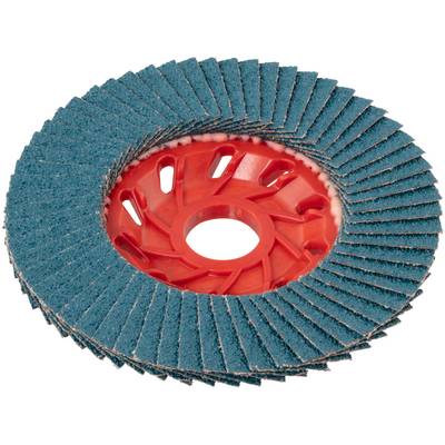 Eine blaue Lamellenschleifscheibe mit rotem Kunststoffzentrum, die zum Schleifen und Finishing von Oberflächen verwendet wird.