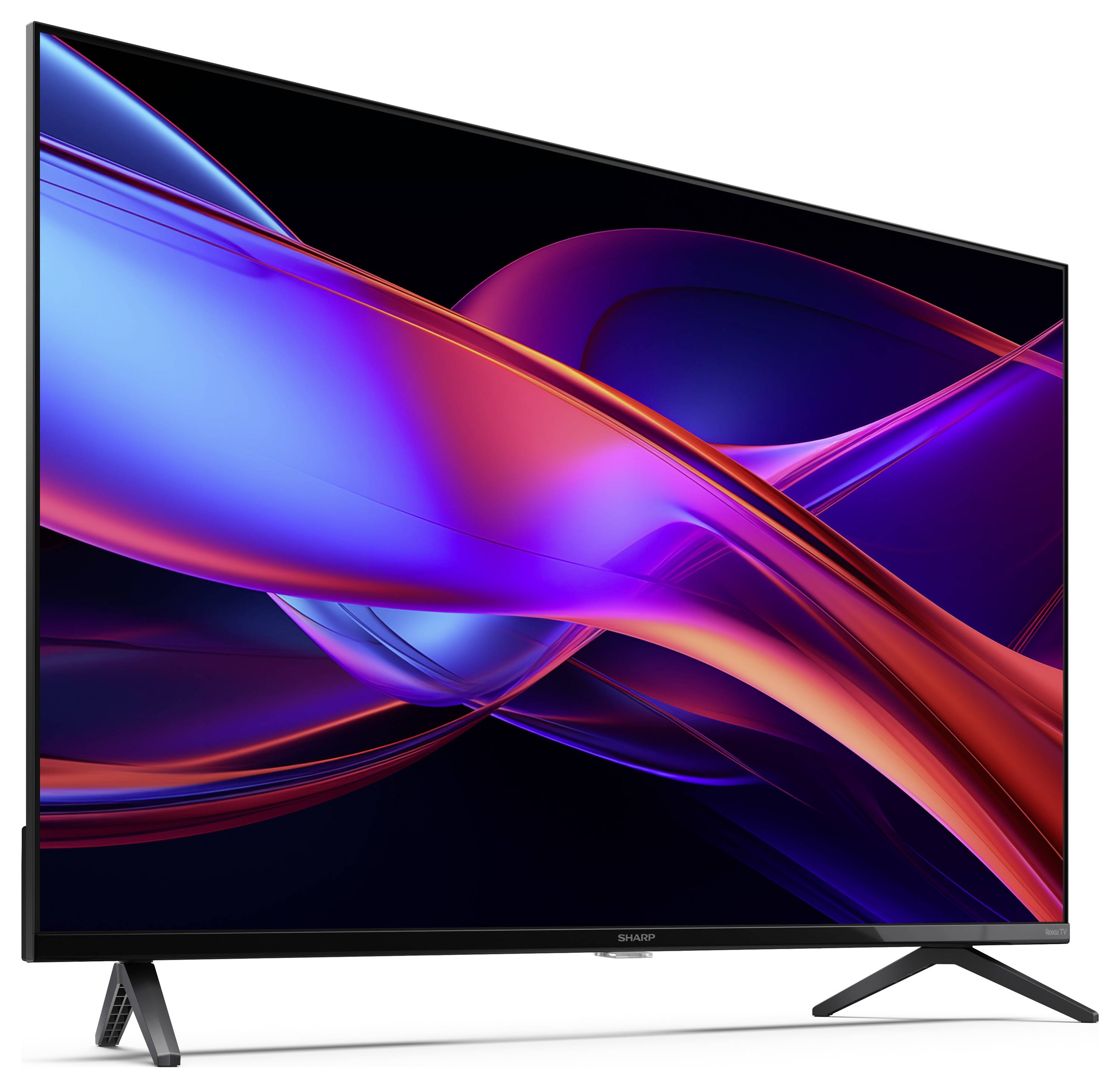 Ein großer Flachbildschirm-Fernseher, der eine lebhafte, abstrakte digitale Kunst mit sich ineinander windenden roten und blauen Neonlinien auf schwarzem Hintergrund zeigt.