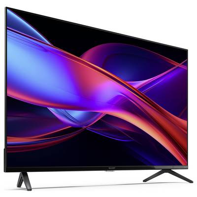 Ein großer Flachbildschirm-Fernseher, der eine lebhafte, abstrakte digitale Kunst mit sich ineinander windenden roten und blauen Neonlinien auf schwarzem Hintergrund zeigt.
