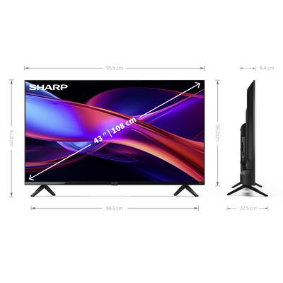 Sharp 43" LED-Fernseher mit Abmessungen: 95,5 cm Breite, 56,6 cm Höhe, 8,4 cm Tiefe. Die Seitenansicht zeigt ein schlankes Design und eine Standbreite von 22,5 cm.