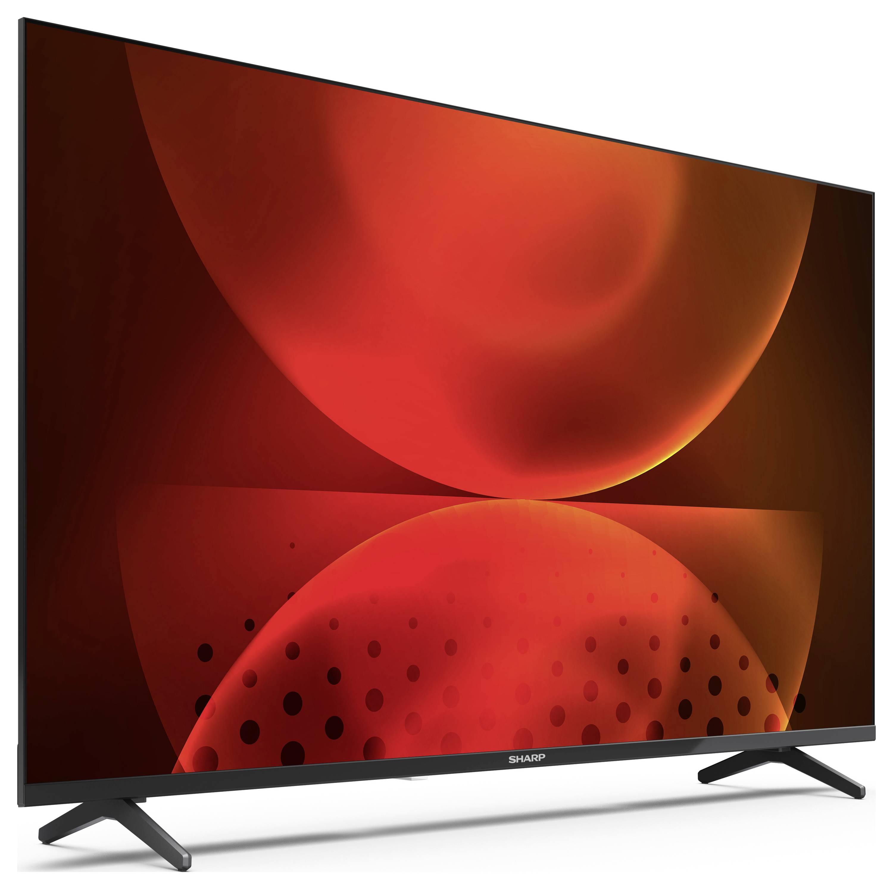 Ein Flachbildschirm-Fernseher, der abstrakte rote kreisförmige Muster zeigt und dabei modernes Design und leuchtende Visuals betont.