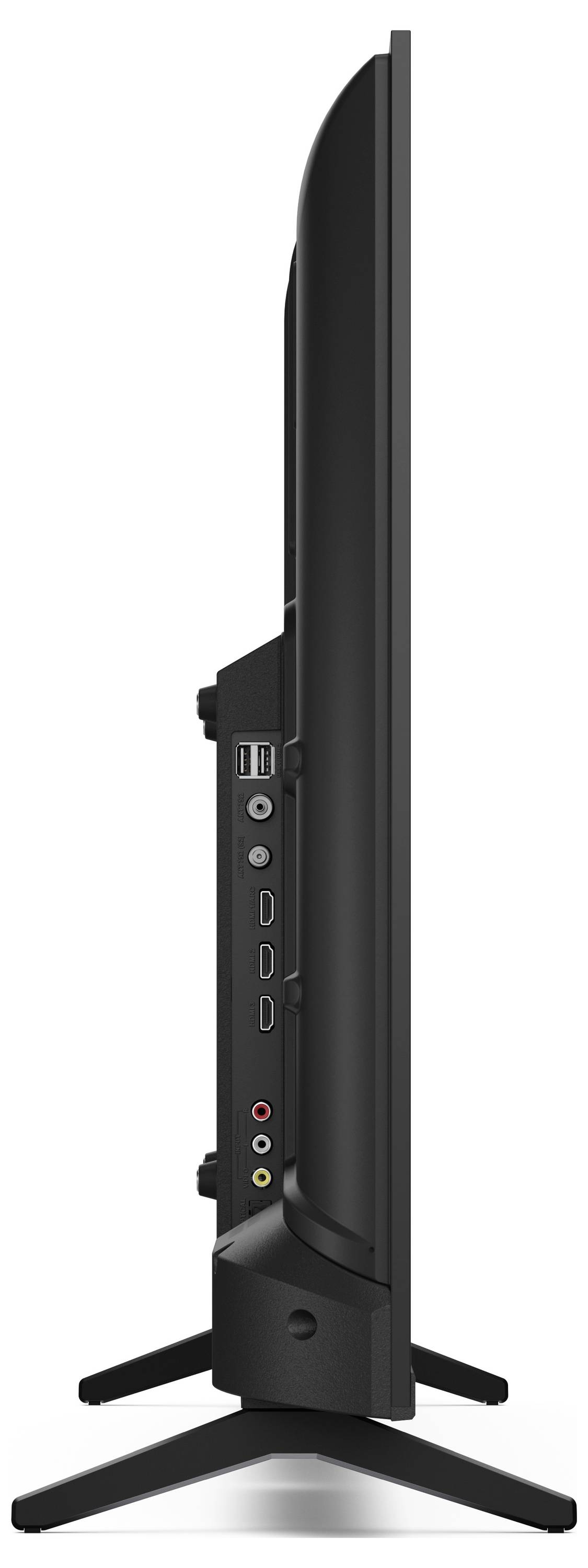 Seitenansicht eines schlanken Flachbildfernsehers, der Anschlüsse für HDMI, USB und Audio zeigt. Der Fernseher steht auf einem zweibeinigen Ständer.