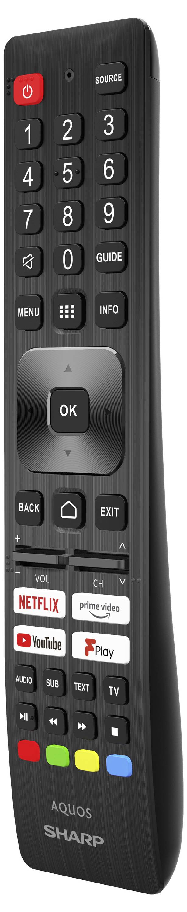Eine schwarze TV-Fernbedienung mit Tasten für Ein/Aus, Zahlen, Lautstärke, Kanal und Streaming-Dienste wie Netflix und YouTube.