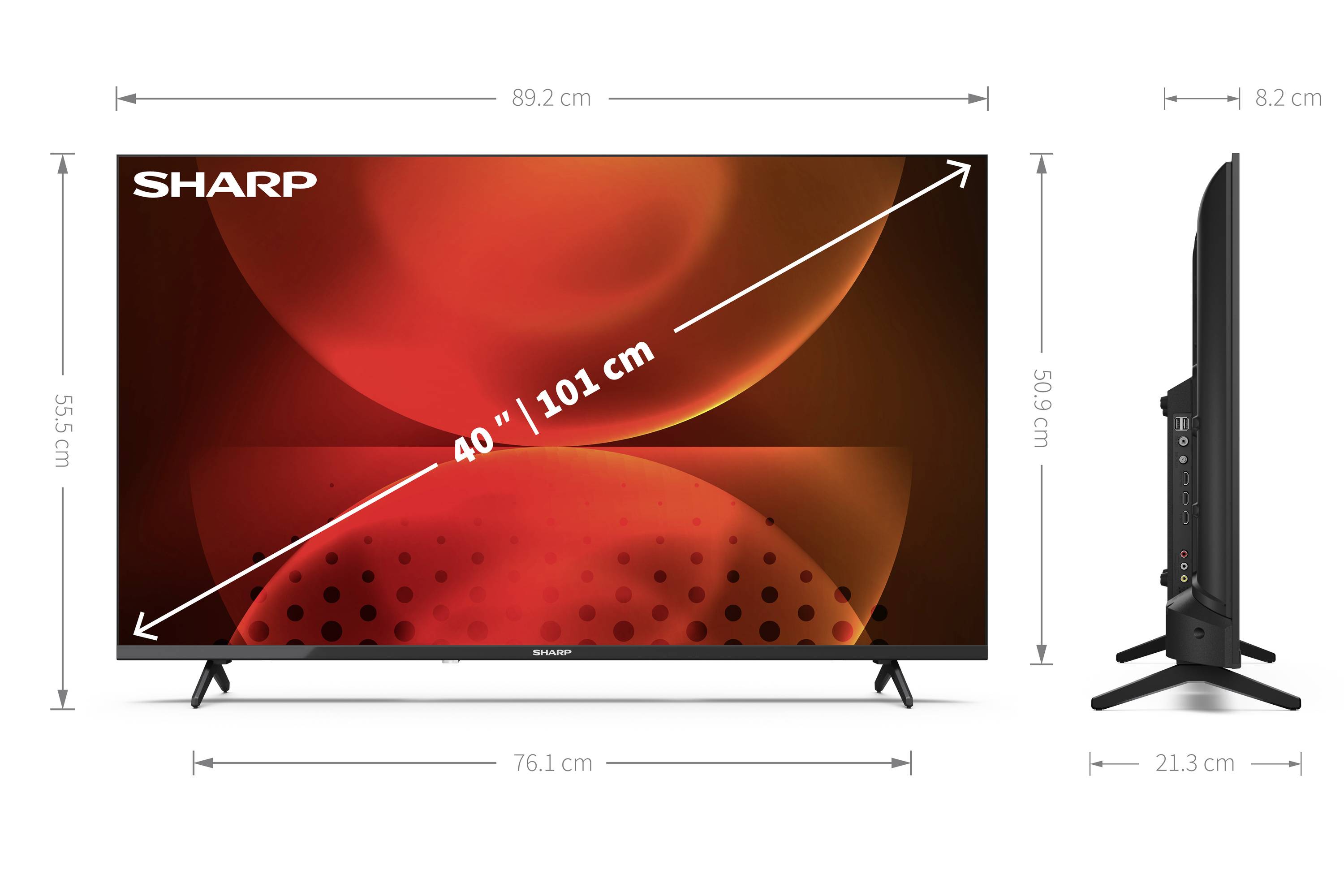 Ein Sharp 40-Zoll-Fernseher mit Abmessungen: Breite 89,2 cm, Höhe 55,5 cm, Tiefe 8,2 cm. Die seitliche Tiefe beträgt 21,3 cm bei einer Standbeinhöhe von 50,9 cm.