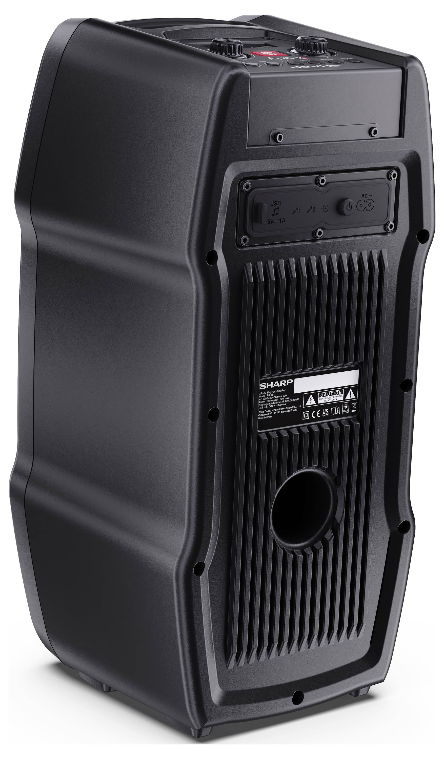 Ein schwarzer tragbarer Lautsprecher mit Bedienungstasten auf der Oberseite und einem Bassreflexport auf der Rückseite, entwickelt für eine verbesserte Klangwiedergabe.