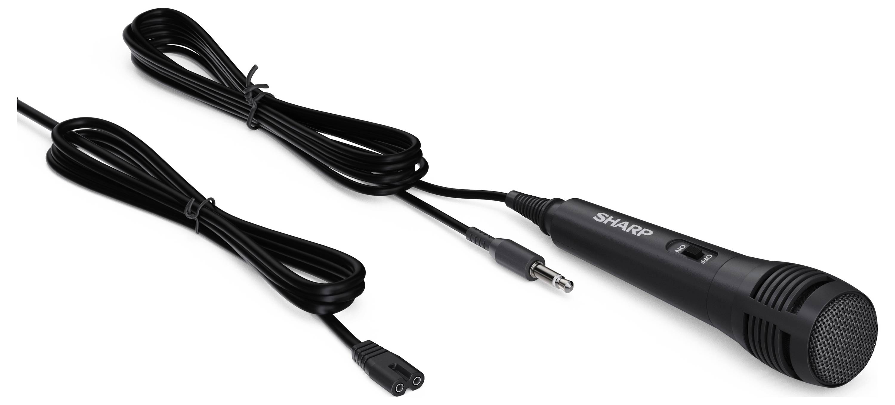 Ein schwarzes Kabel-Mikrofon mit einem langen Kabel und einem Stecker wird gezeigt. Das Mikrofon ist mit "Sharp" beschriftet.